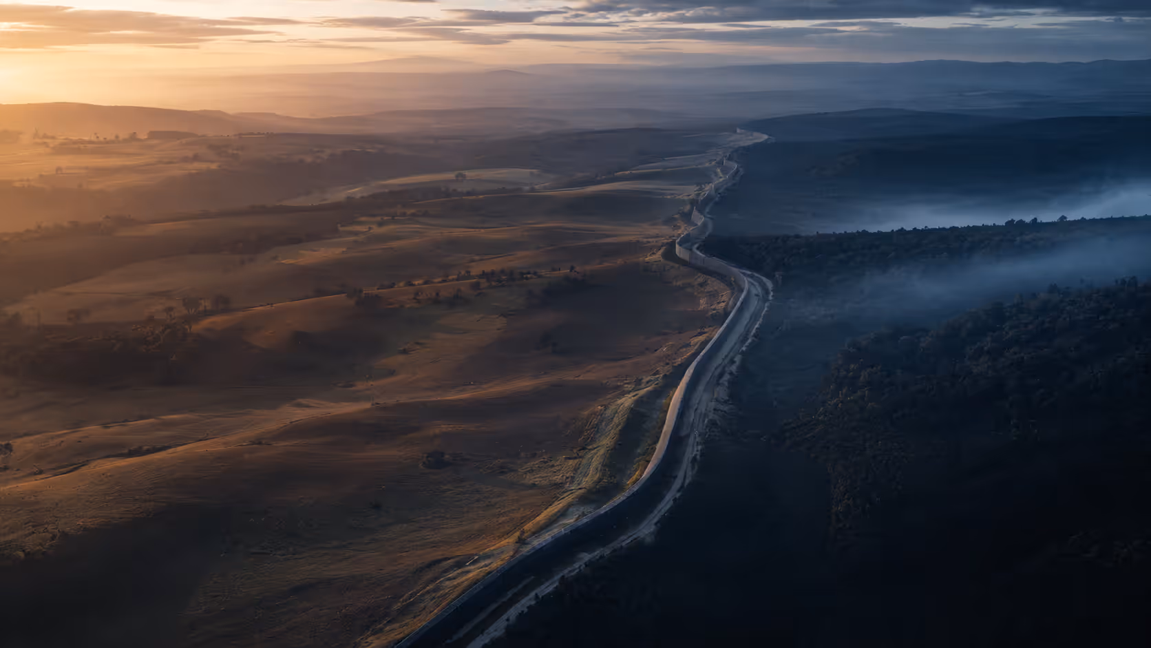 Aerial European border landscape at dusk